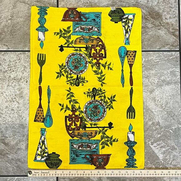 Vintage Parisian Prints Kitchen Tea Towel 1960s-70s Yellow Cotton Nylon Retro - Picture 3 of 12